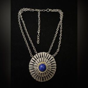 Silver-Tone Sunburst Pendant Necklace with Blue Cabochon